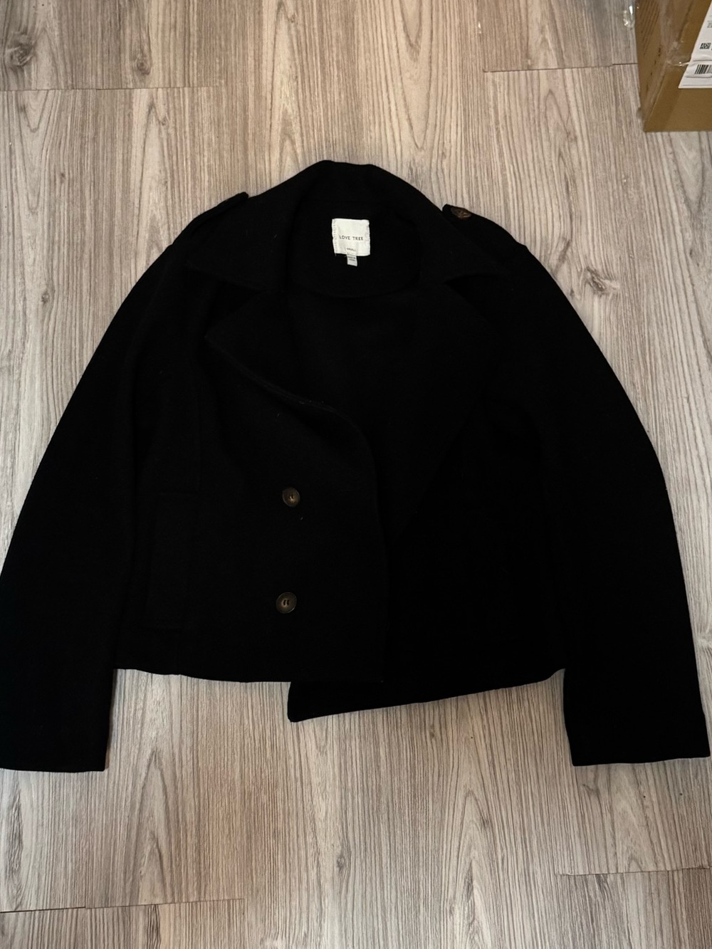 Love Tree Black Double-Breasted Peacoat